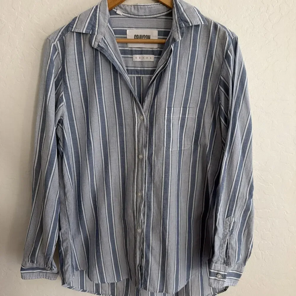 Grayson‎ The Hero Shirt 3 Medium Blue White Striped Long Sleeve Button Up